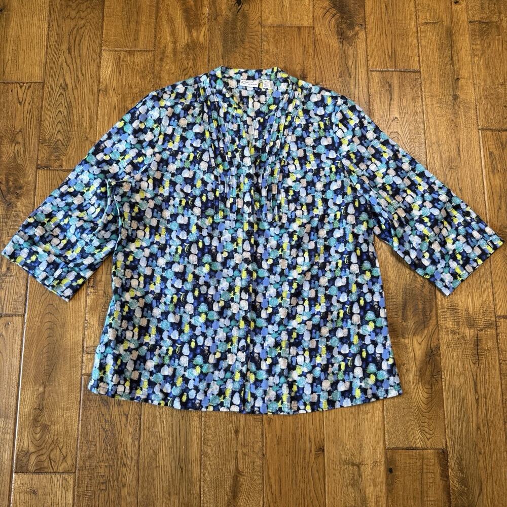 Kim Rogers Blue Green Spotted Button Down Pleated Front Blouse 100% Linen Sz XL